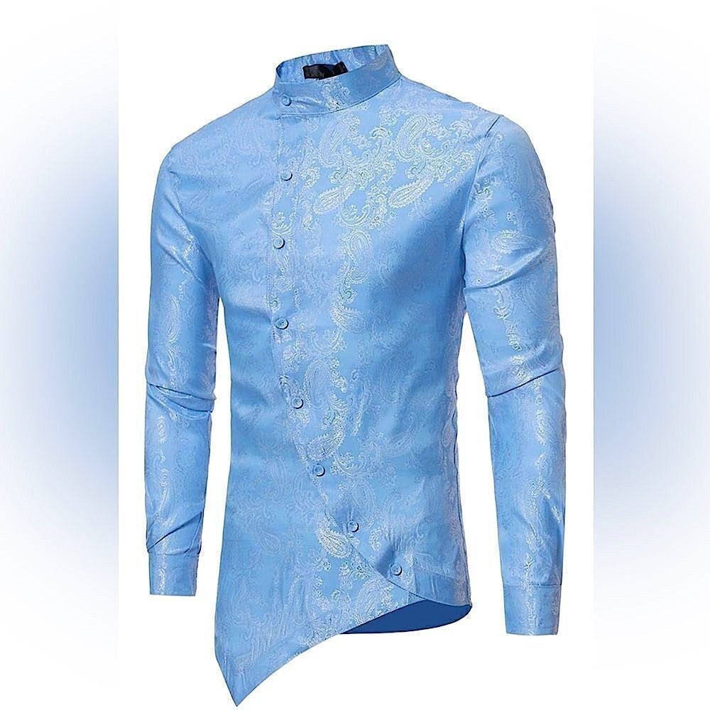 Blue Paisley printed stand collar Asymetric shirt Size Large